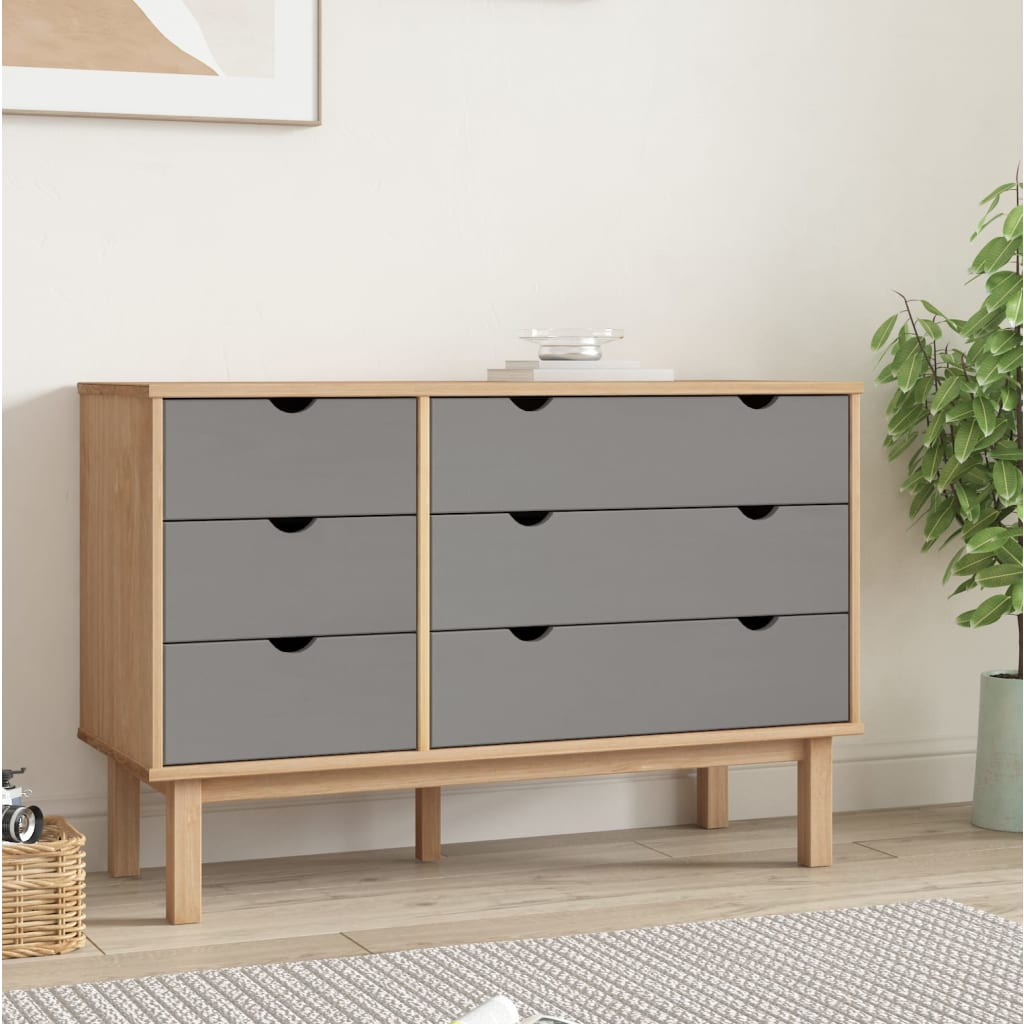 vidaXL Drawer Cabinet OTTA Brown&Grey 111x43x73.5cm Solid Wood Pine - Sudd