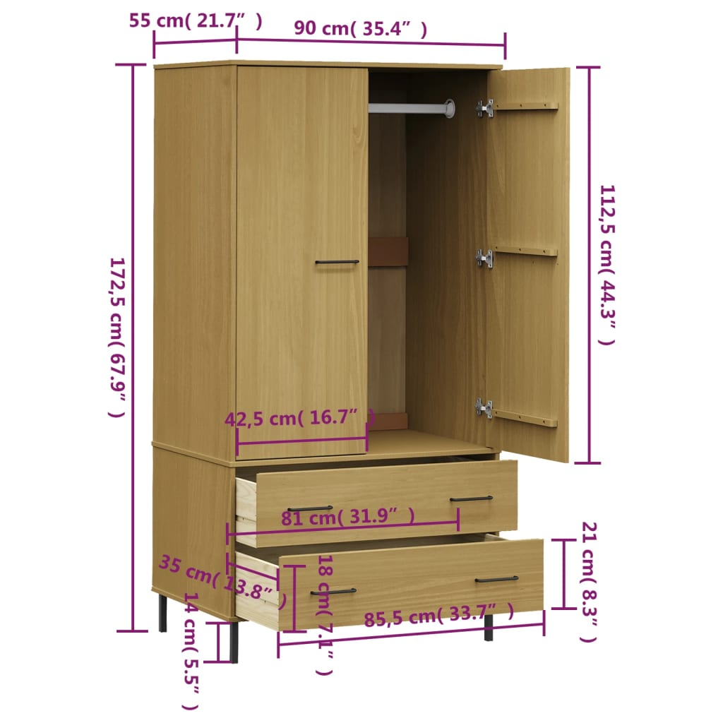 vidaXL Wardrobe with Metal Legs Brown 90x55x172.5 cm Solid Wood OSLO - Sudd