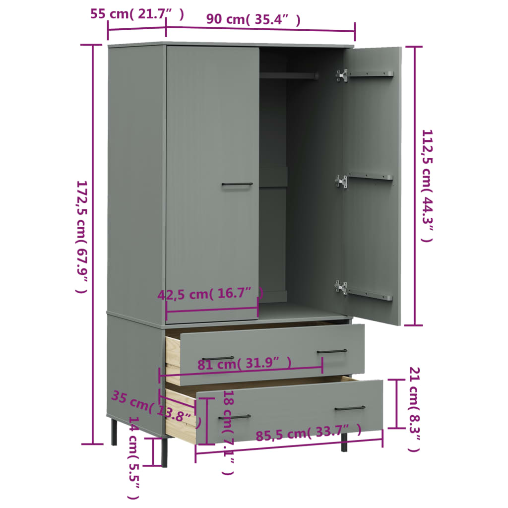 vidaXL Wardrobe with Metal Legs Grey 90x55x172.5 cm Solid Wood OSLO - Sudd