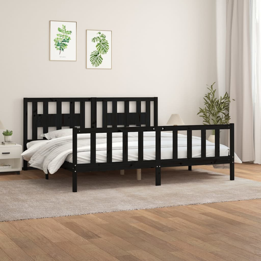 vidaXL Bed Frame with Headboard Black Solid Wood Pine 180x200 cm Super King Size - Sudd