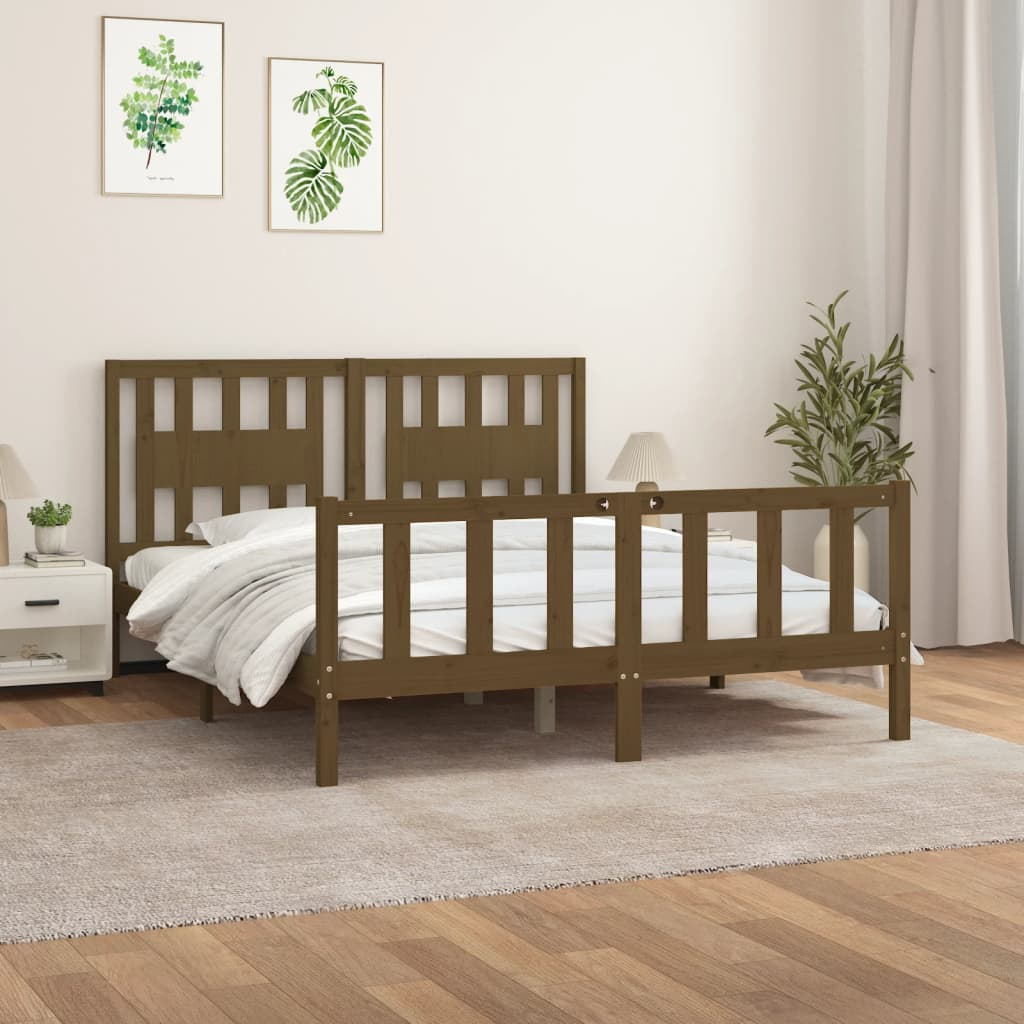 vidaXL Bed Frame with Headboard Honey Brown Solid Wood Pine 150x200 cm King Size - Sudd