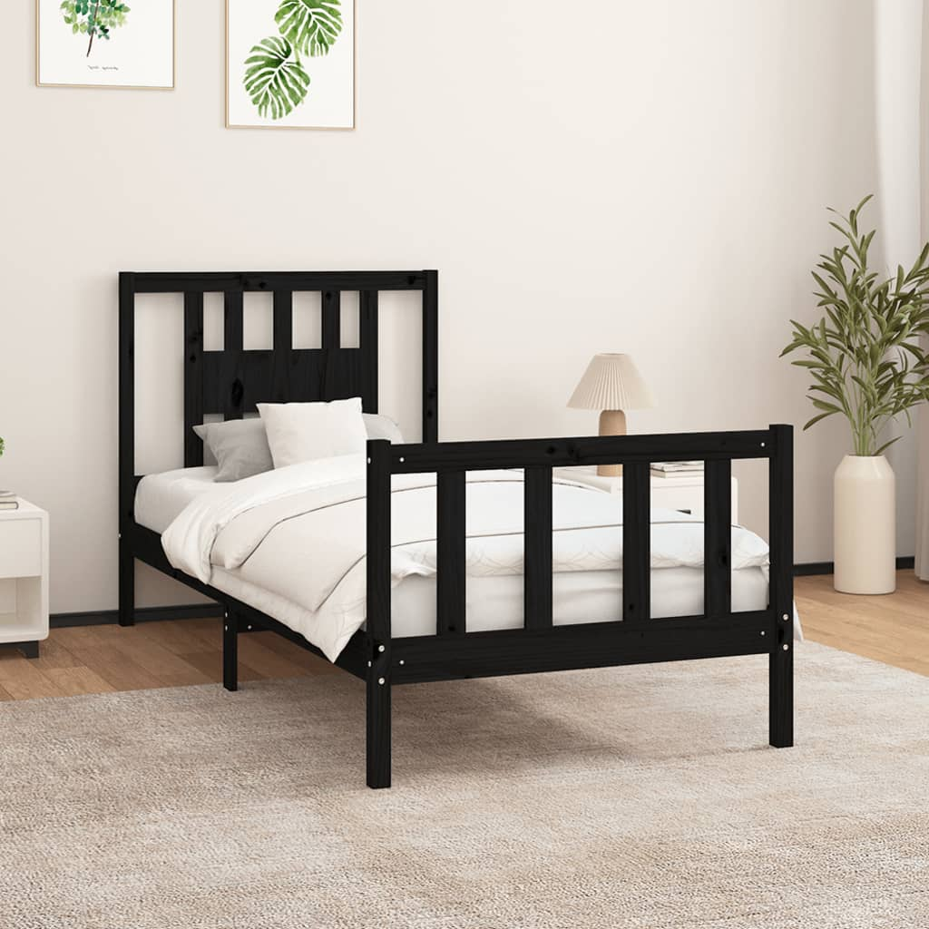 vidaXL Bed Frame with Headboard Black Solid Wood Pine 100x200 cm - Sudd