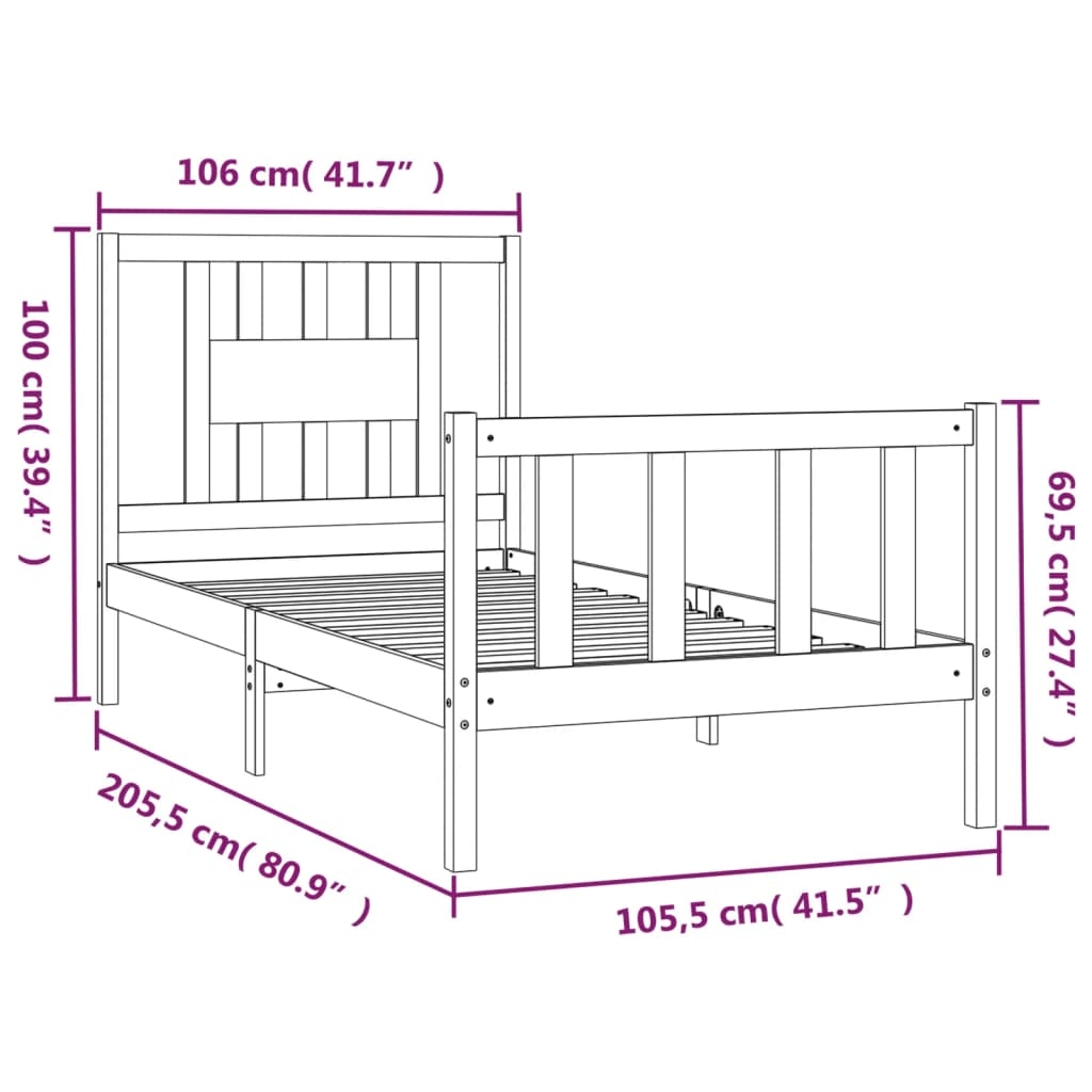 vidaXL Bed Frame with Headboard Black Solid Wood Pine 100x200 cm - Sudd