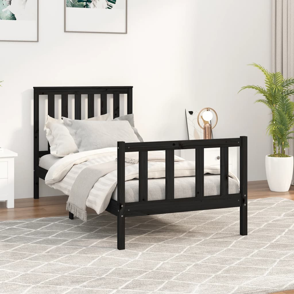 vidaXL Bed Frame with Headboard Black 90x200 cm Solid Wood Pine - Sudd