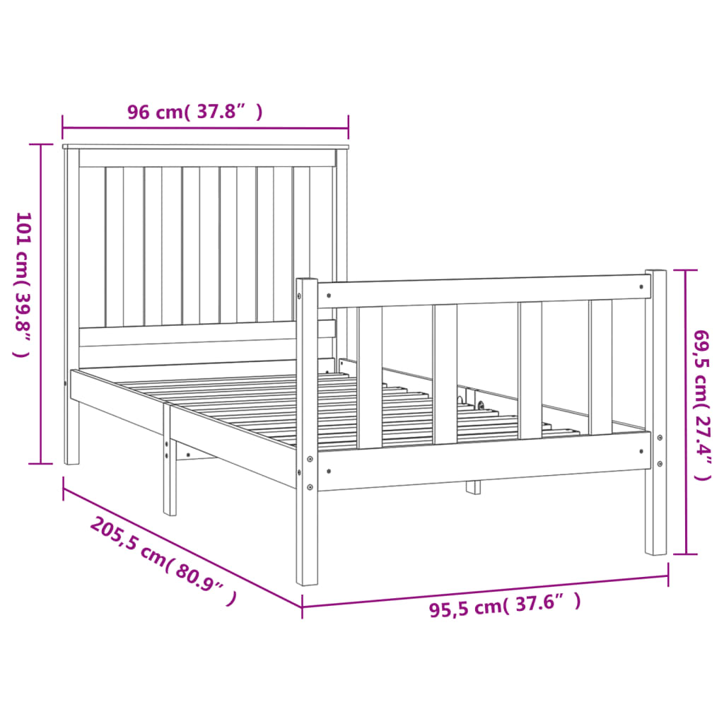 vidaXL Bed Frame with Headboard Black 90x200 cm Solid Wood Pine - Sudd