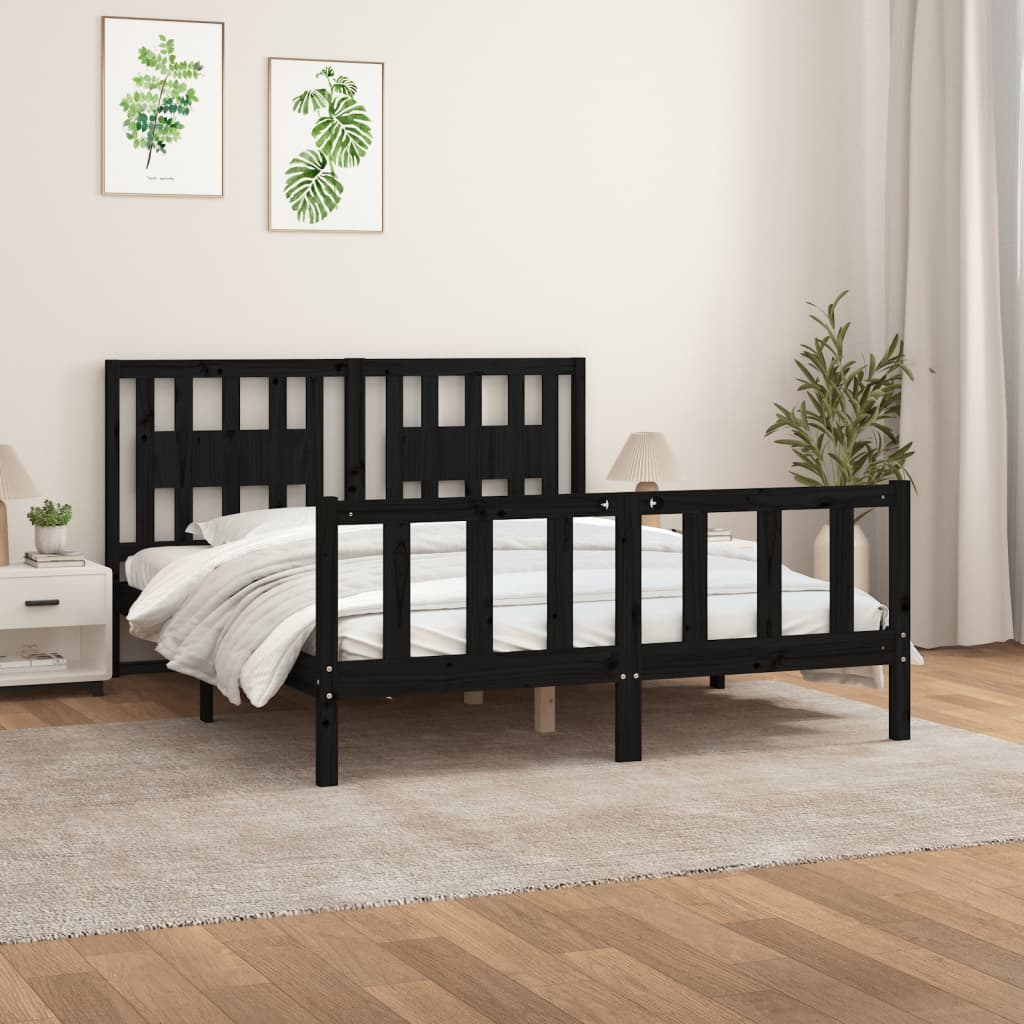 vidaXL Bed Frame with Headboard Black Solid Wood Pine 160x200 cm - Sudd