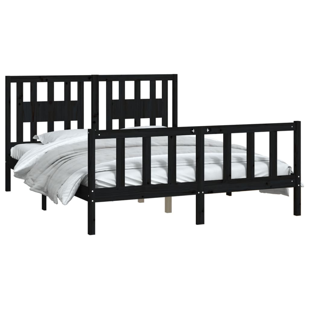 vidaXL Bed Frame with Headboard Black Solid Wood Pine 160x200 cm - Sudd