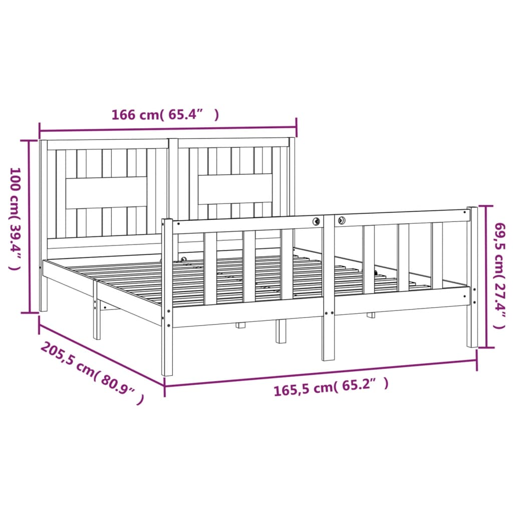 vidaXL Bed Frame with Headboard Black Solid Wood Pine 160x200 cm - Sudd