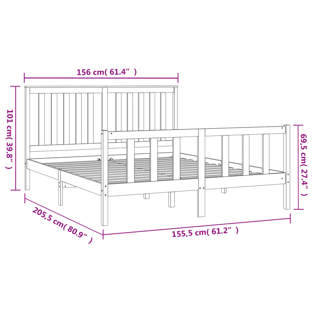 vidaXL Bed Frame with Headboard Grey 150x200 cm King Size Solid Wood Pine - Sudd