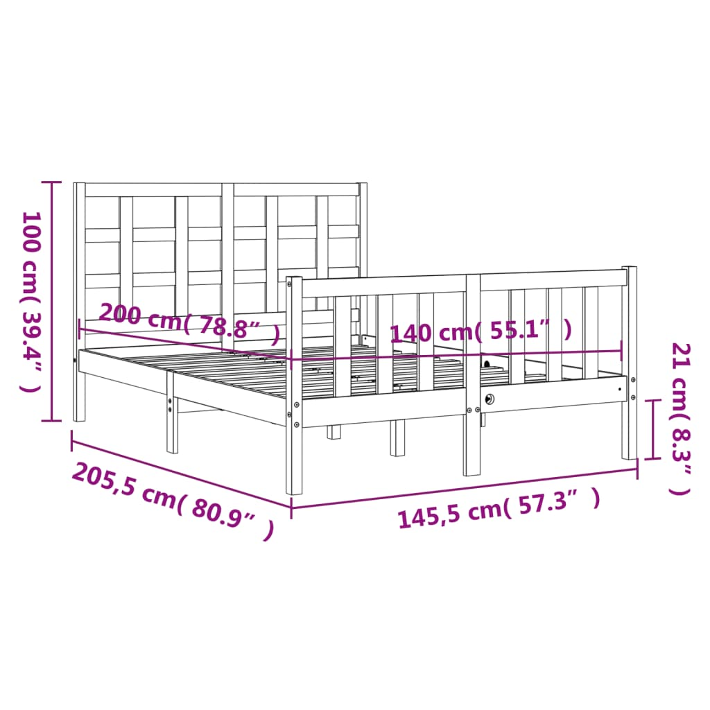 vidaXL Bed Frame with Headboard Black 140x200 cm Solid Wood - Sudd