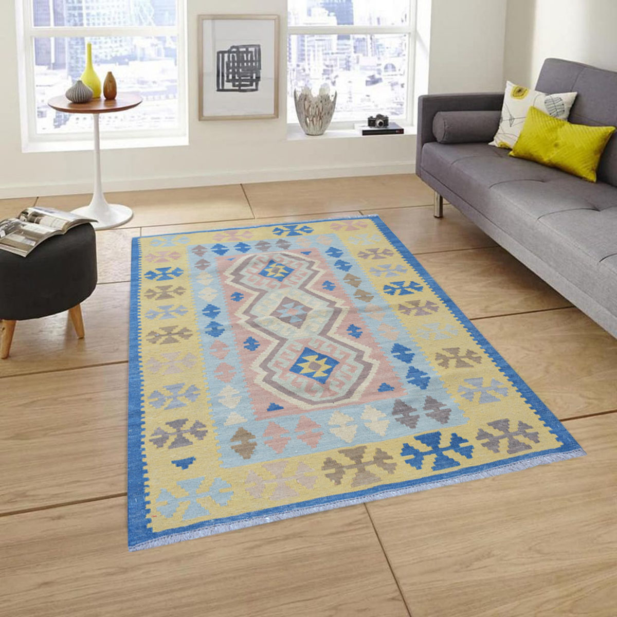 Modern Dusk Blue Kilim Rug - Handwoven Wool Rug for Stylish Interiors - Sudd