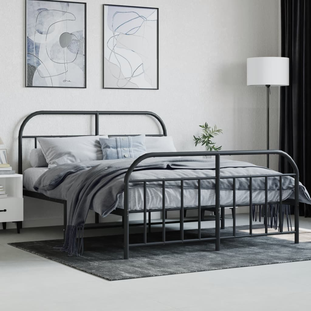 vidaXL Metal Bed Frame with Headboard and Footboard Black 150x200 cm King Size - Sudd