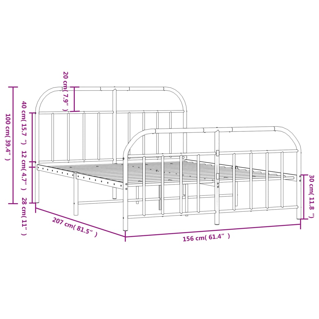 vidaXL Metal Bed Frame with Headboard and Footboard Black 150x200 cm King Size - Sudd