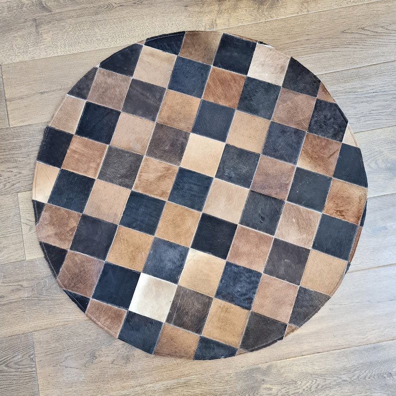 Cow Skin Rug Round Patchwork Leather Rug | Hand-Stitched | Modern Homes Living - Sudd