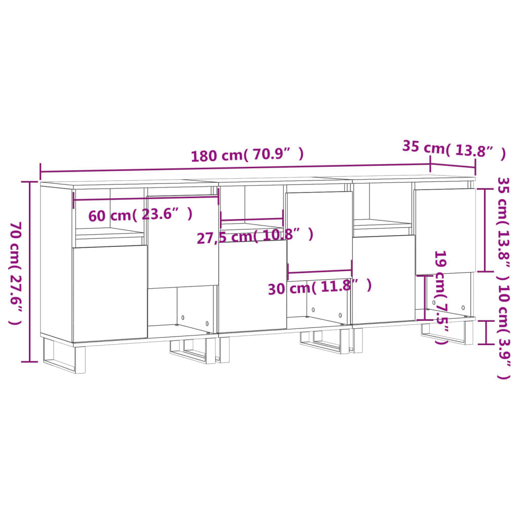 vidaXL Sideboards 3 pcs Black Engineered Wood - Sudd