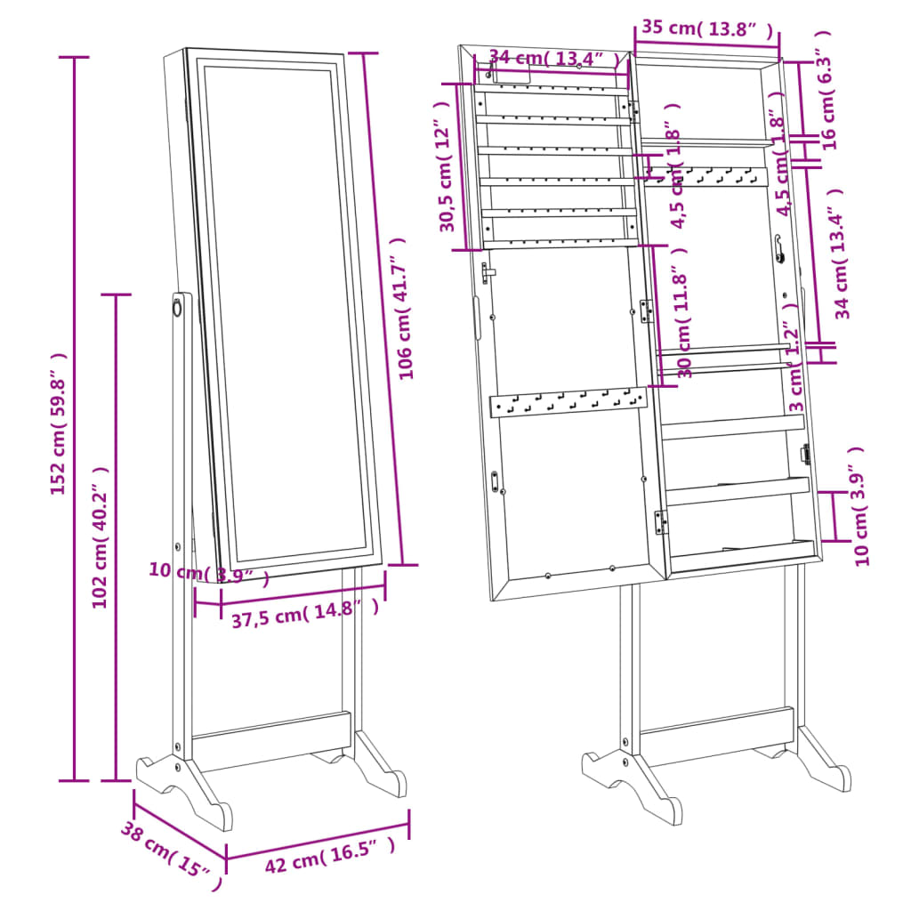 Mirrored Standing Jewellery Cabinet with LED Lights - Sudd