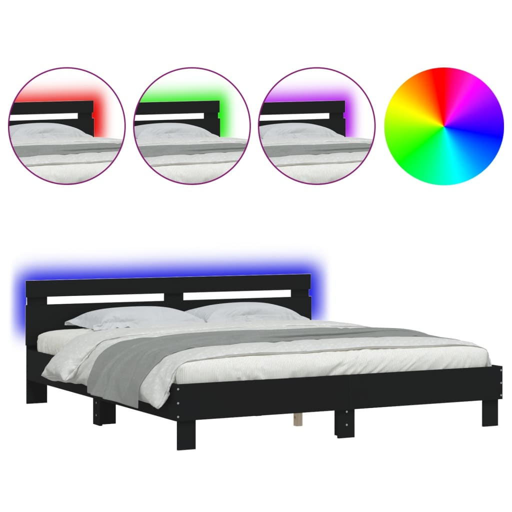 vidaXL Bed Frame with Headboard and LED Black 180x200 cm Super King Size - Sudd