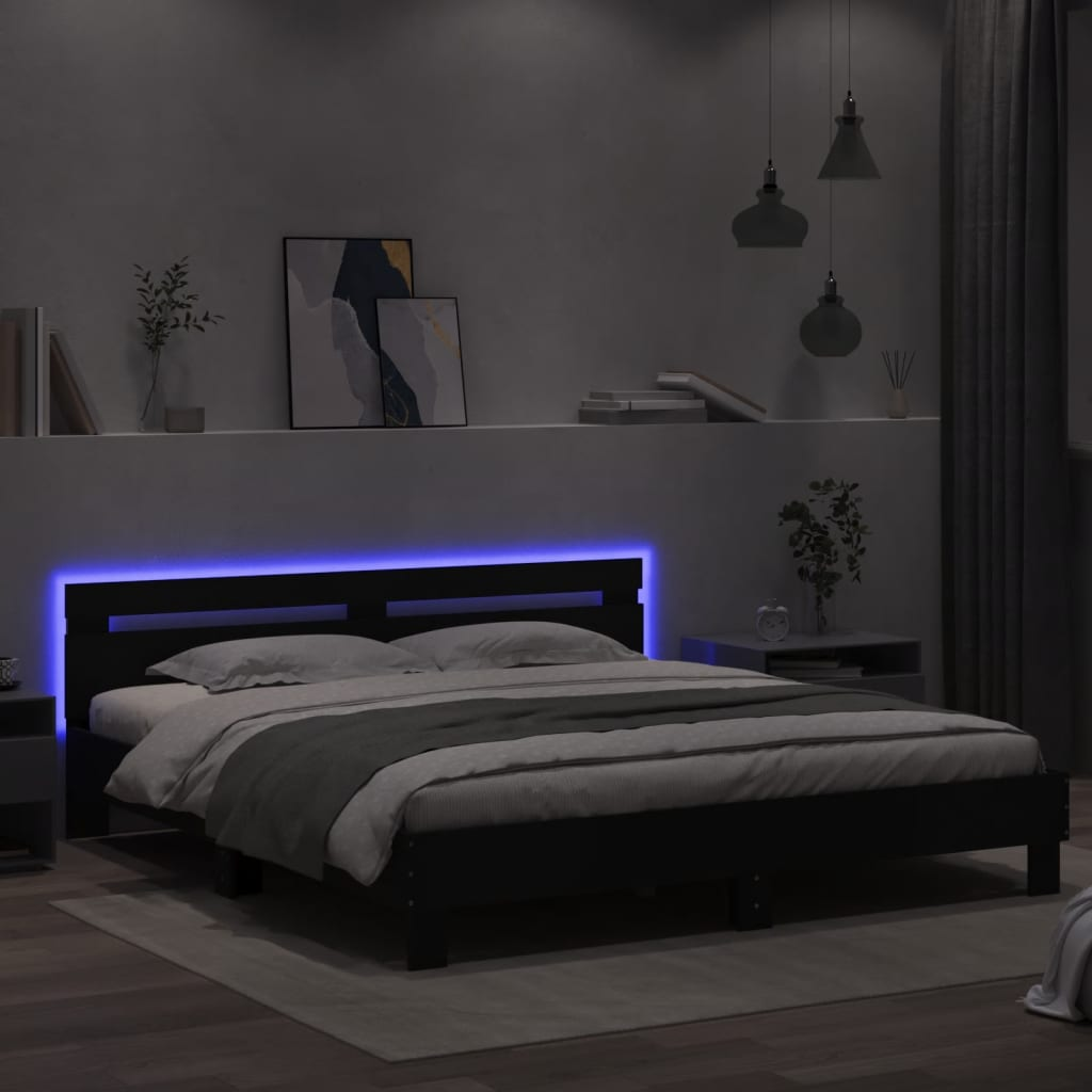 vidaXL Bed Frame with Headboard and LED Black 180x200 cm Super King Size - Sudd