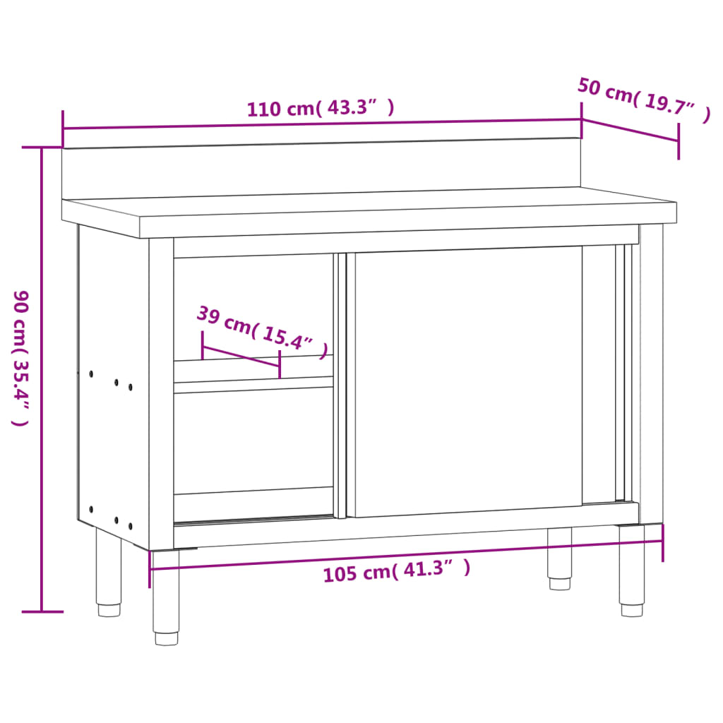 vidaXL Kitchen Work Table with Sliding Doors Stainless Steel - Sudd