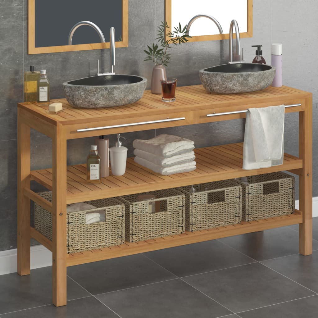 vidaXL Bathroom Vanity Cabinet Solid Teak with Riverstone Sinks - Sudd