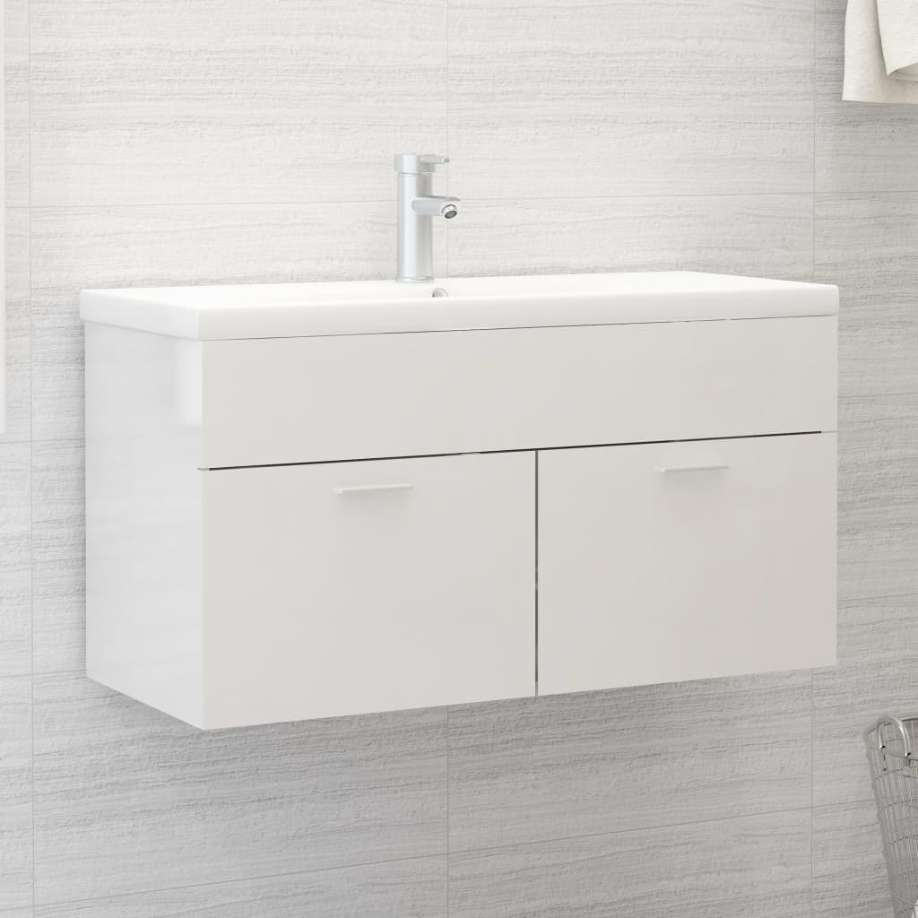 vidaXL Sink Cabinet with Built-in Basin High Gloss White Engineered Wood - Sudd