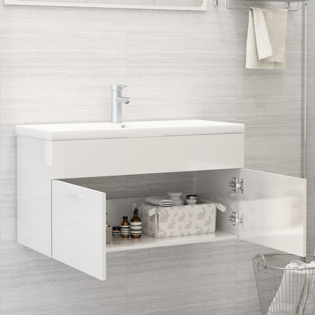 vidaXL Sink Cabinet with Built-in Basin High Gloss White Engineered Wood - Sudd