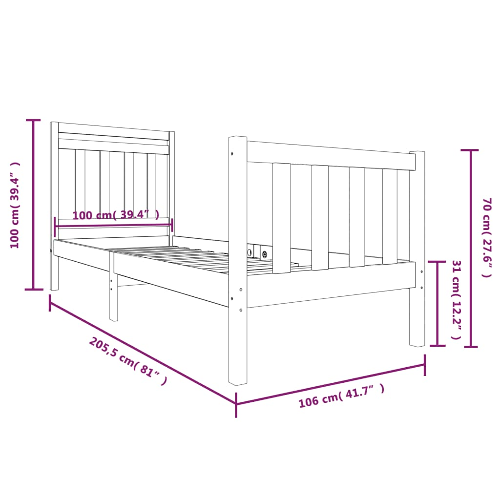 vidaXL Bed Frame Black Solid Wood 100x200 cm - Sudd