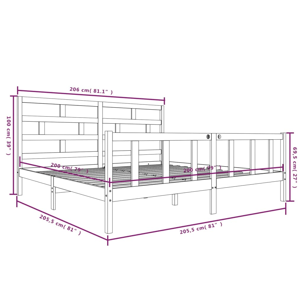 vidaXL Bed Frame Black Solid Wood Pine 200x200 cm - Sudd