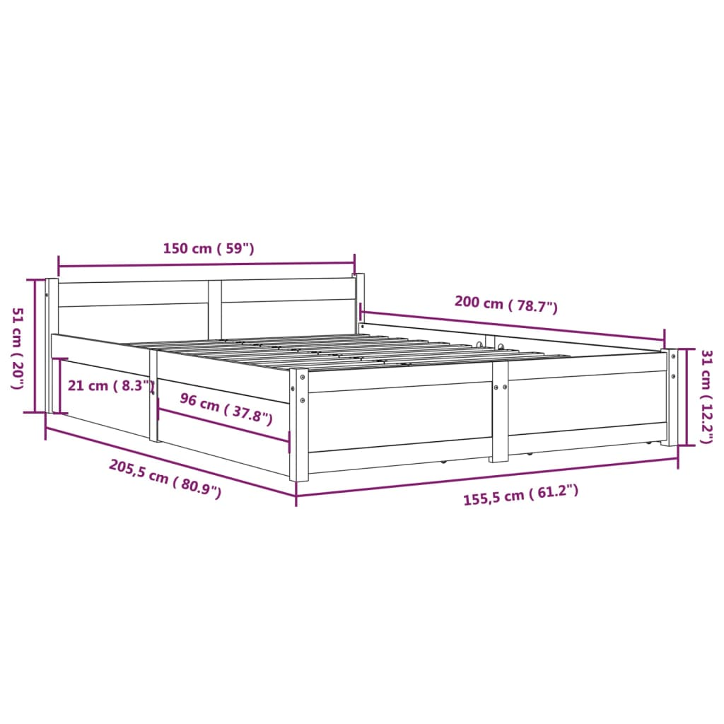 vidaXL Bed Frame with Drawers Black 150x200 cm King Size - Sudd