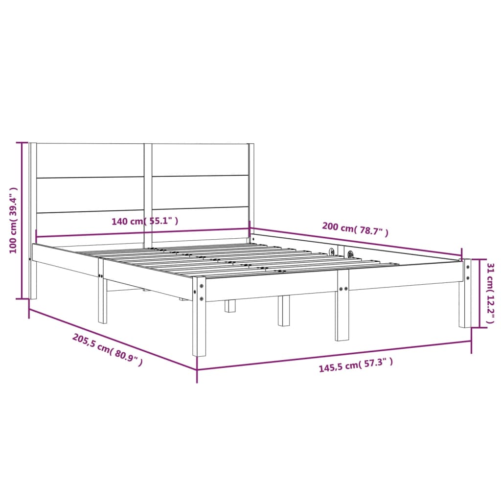 vidaXL Bed Frame Black Solid Wood Pine 140x200 cm - Sudd