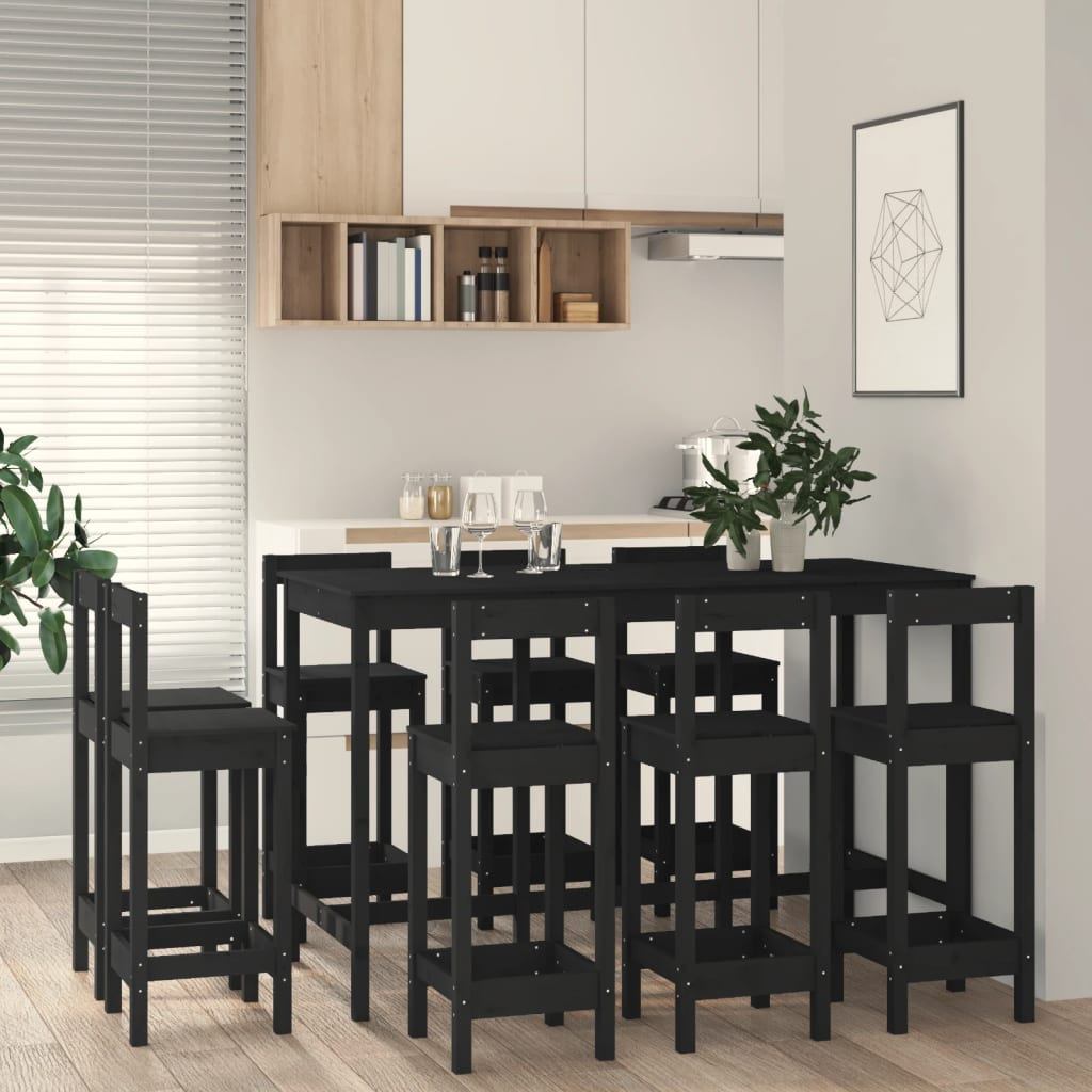 vidaXL 9 Piece Bar Set Black Solid Wood Pine - Sudd