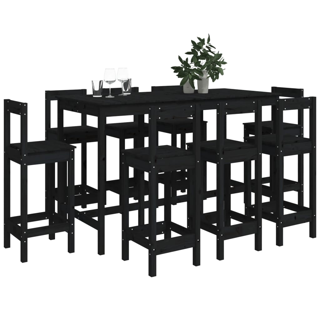 vidaXL 9 Piece Bar Set Black Solid Wood Pine - Sudd