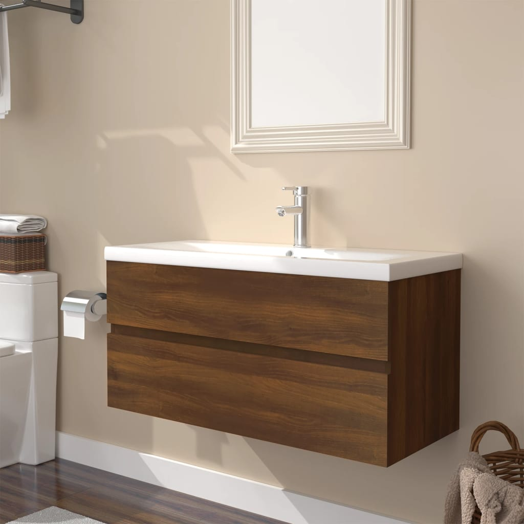 vidaXL Sink Cabinet with Built-in Basin Brown Oak Engineered Wood - Sudd