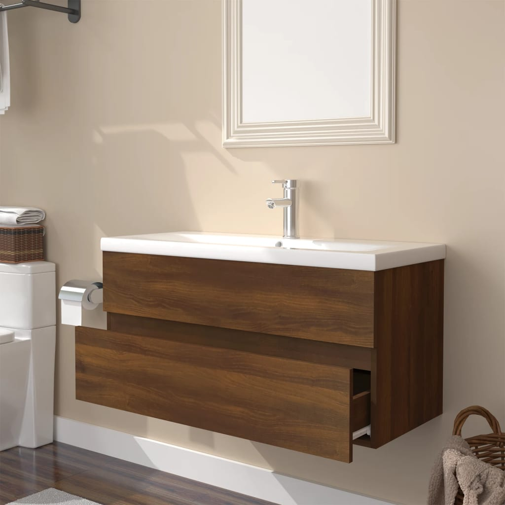 vidaXL Sink Cabinet with Built-in Basin Brown Oak Engineered Wood - Sudd