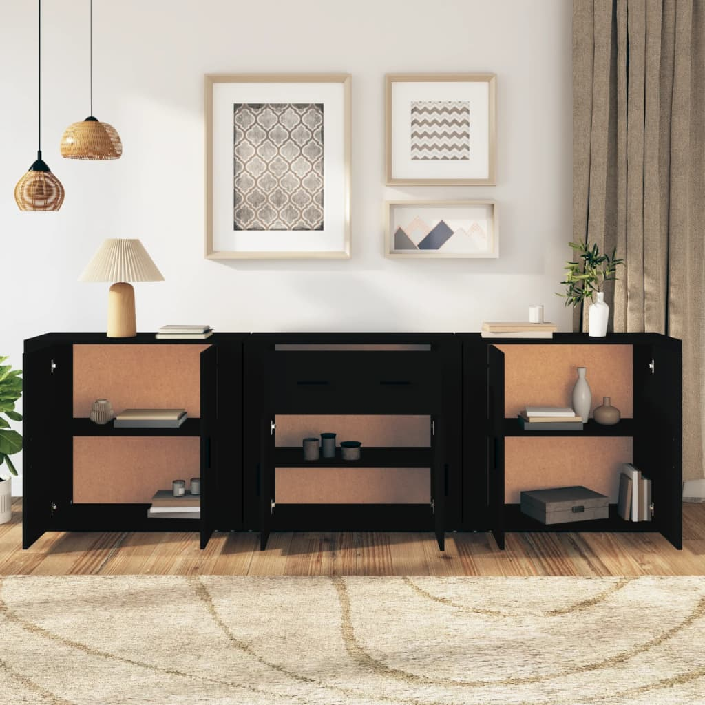 vidaXL Sideboards 3 pcs Black Engineered Wood - Sudd