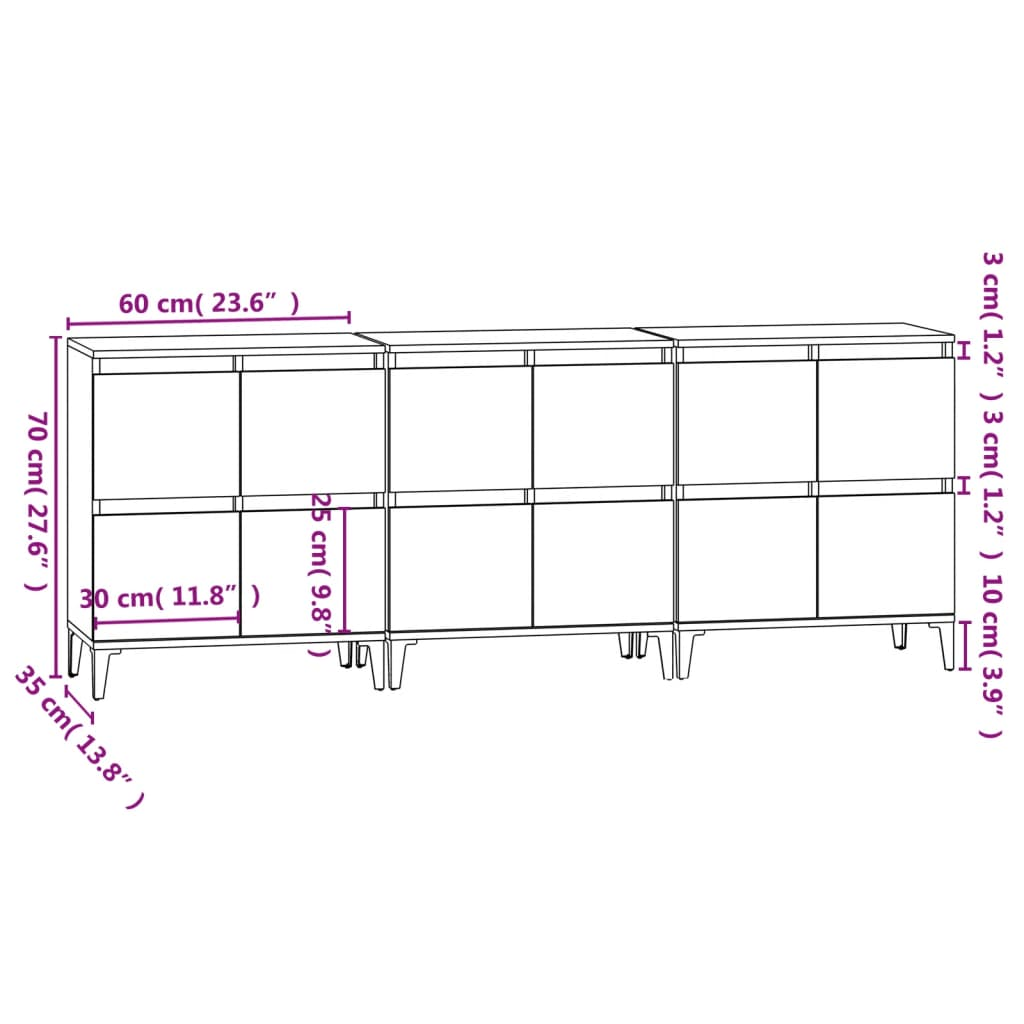 vidaXL Sideboards 3 pcs Black 60x35x70 cm Engineered Wood - Sudd