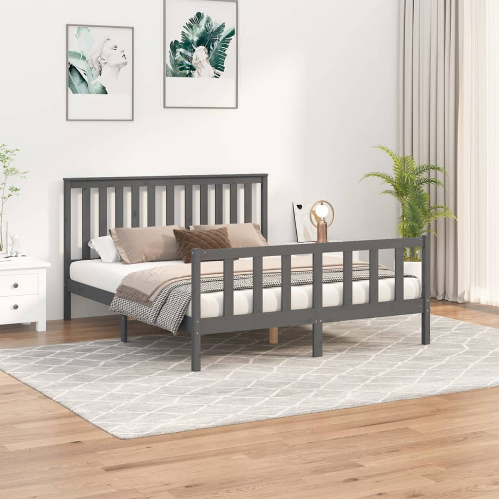 vidaXL Bed Frame with Headboard Grey 150x200 cm King Size Solid Wood Pine - Sudd