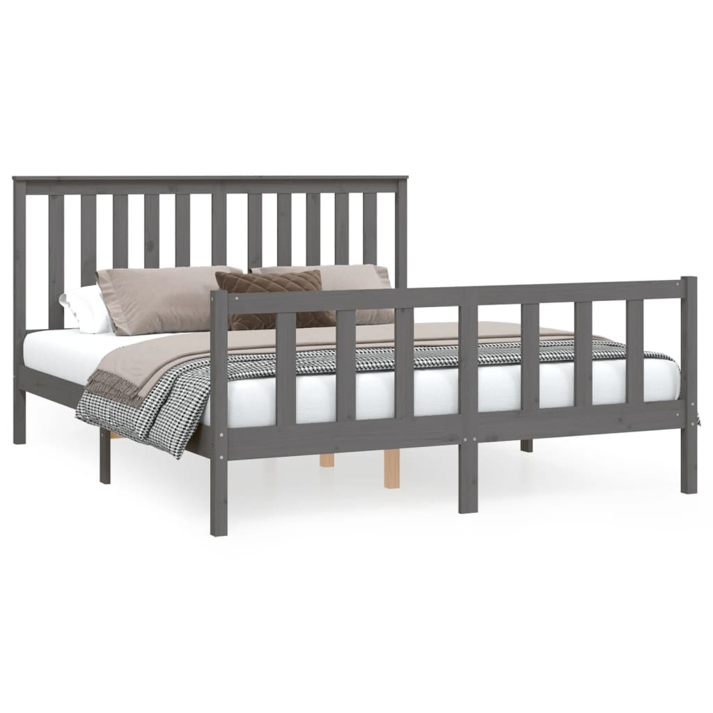 vidaXL Bed Frame with Headboard Grey 150x200 cm King Size Solid Wood Pine - Sudd