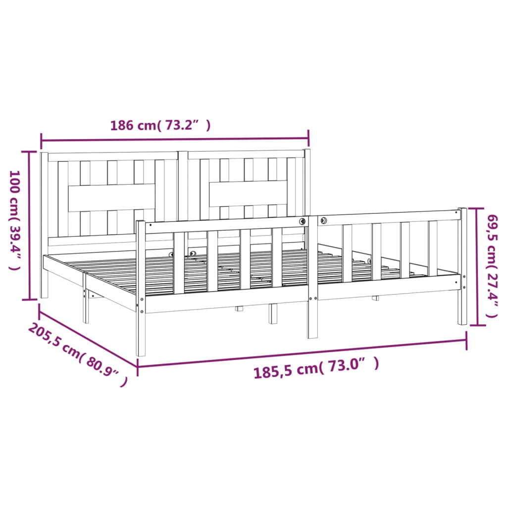 vidaXL Bed Frame with Headboard Black Solid Wood Pine 180x200 cm Super King Size - Sudd