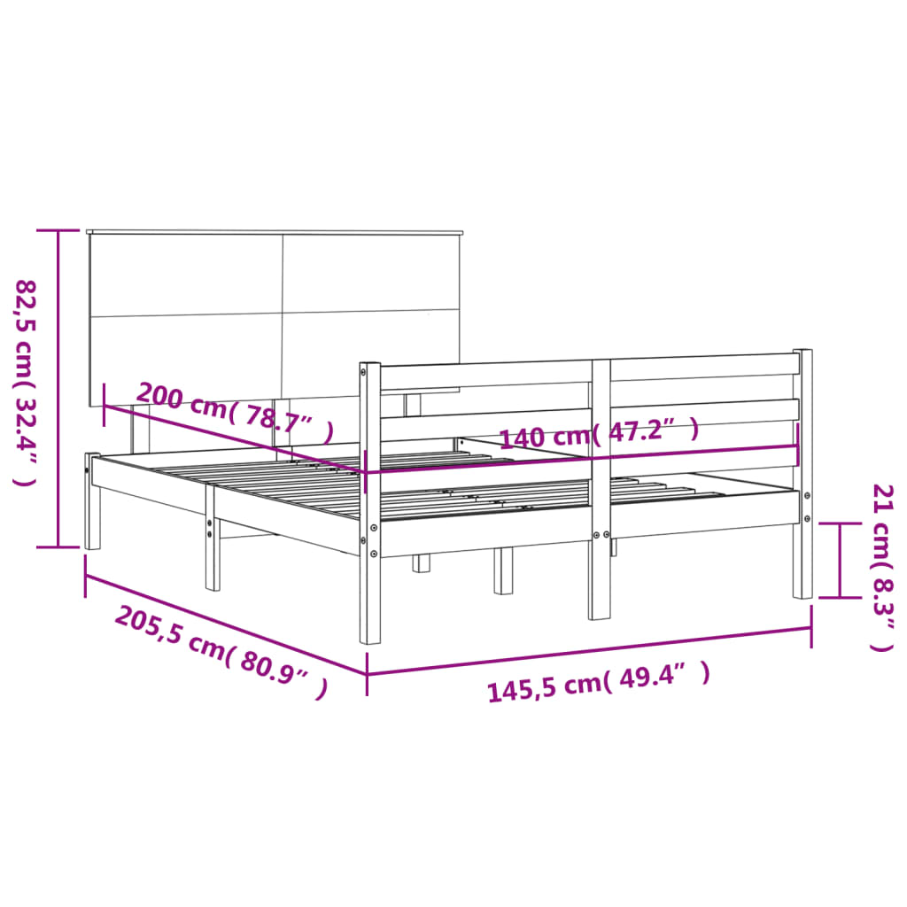 vidaXL Bed Frame with Headboard White 140x200 cm Solid Wood - Sudd