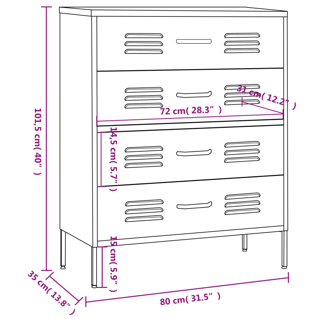 vidaXL Chest of Drawers Black 80x35x101.5 cm Steel - Sudd