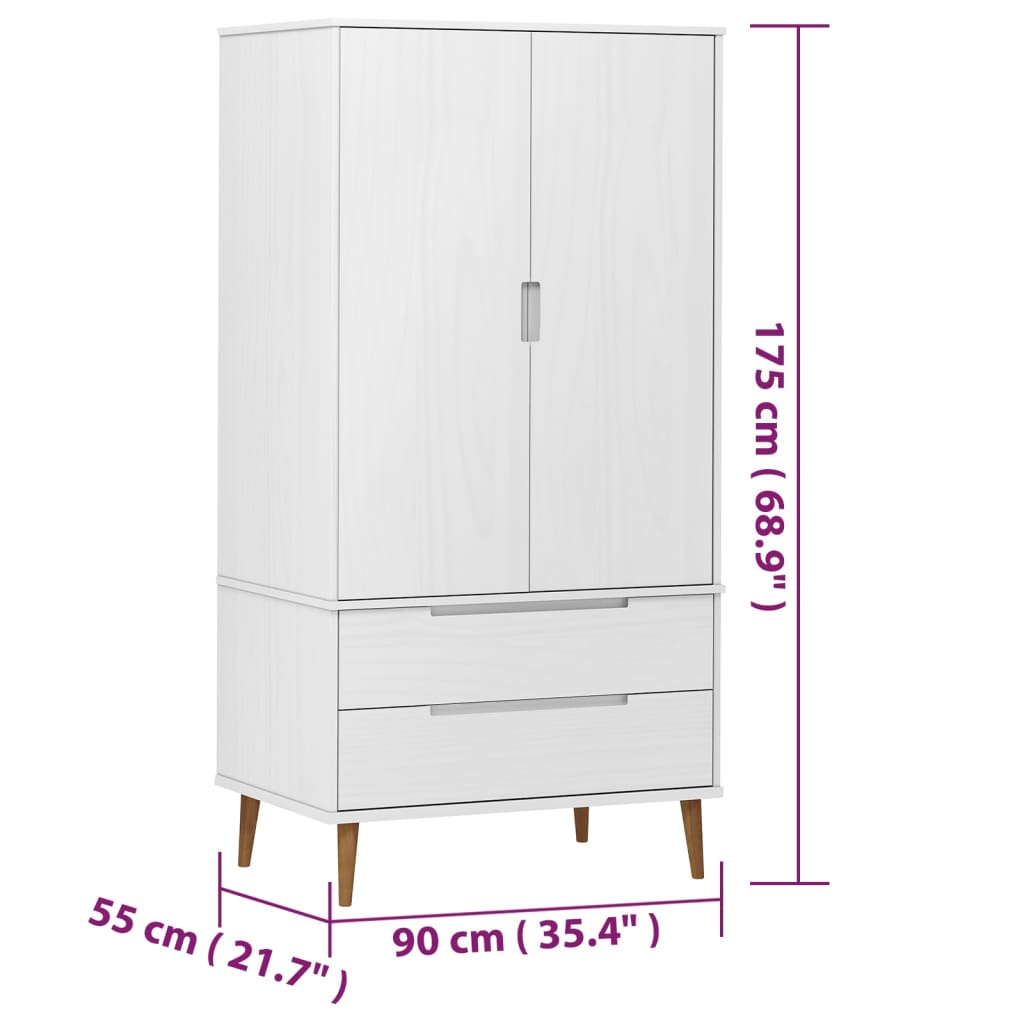 vidaXL Wardrobe MOLDE White 90x55x175 cm Solid Wood Pine - Sudd