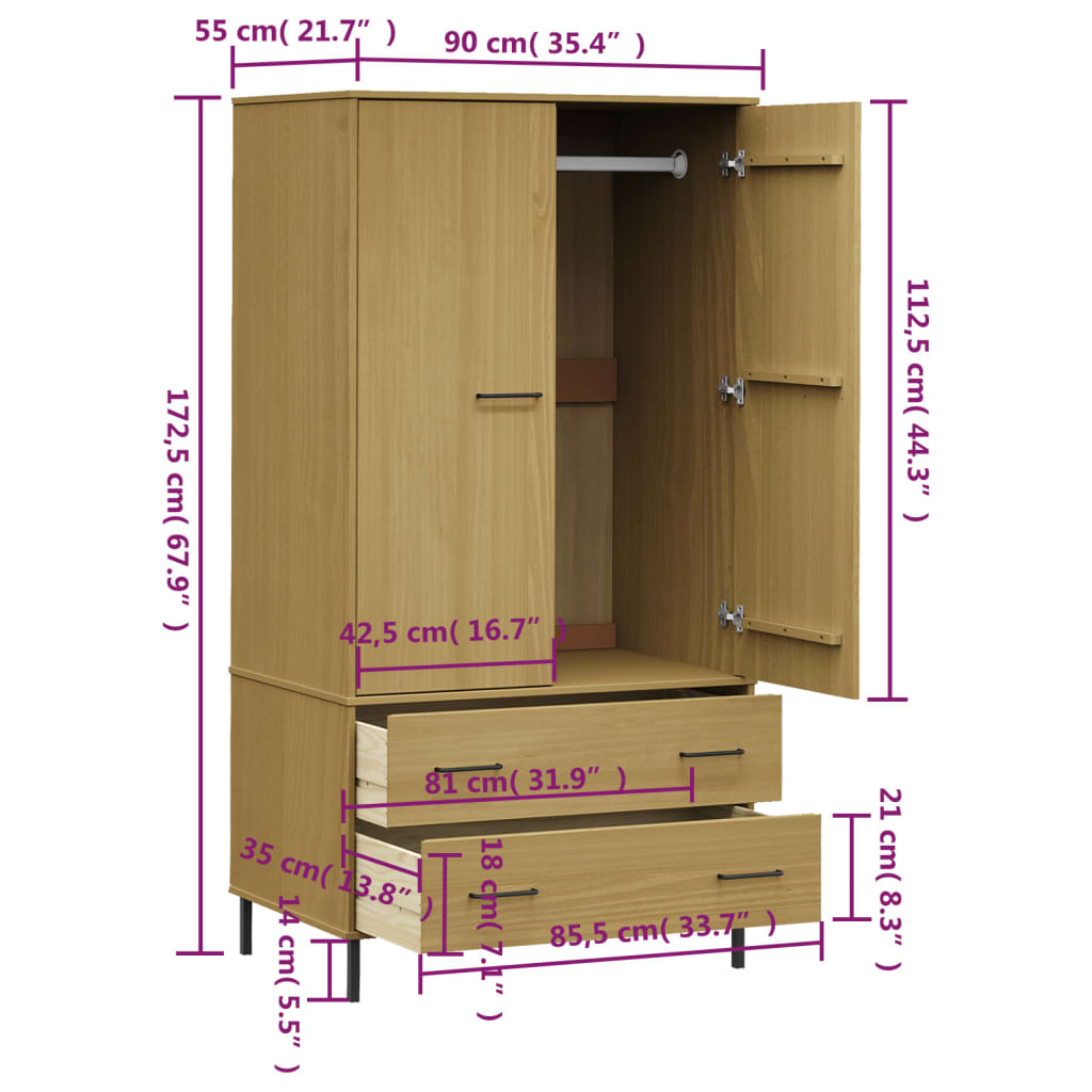 vidaXL Wardrobe with Metal Legs Brown 90x55x172.5 cm Solid Wood OSLO - Sudd