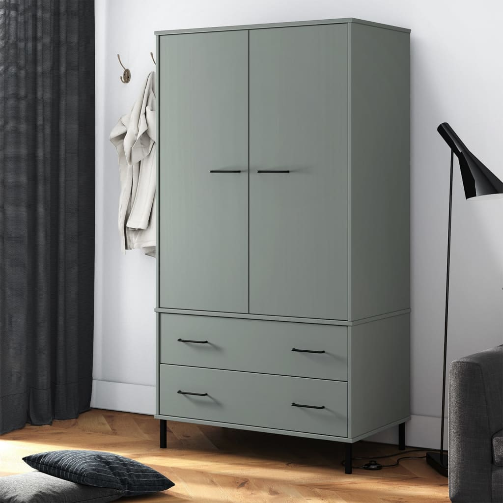 vidaXL Wardrobe with Metal Legs Grey 90x55x172.5 cm Solid Wood OSLO - Sudd