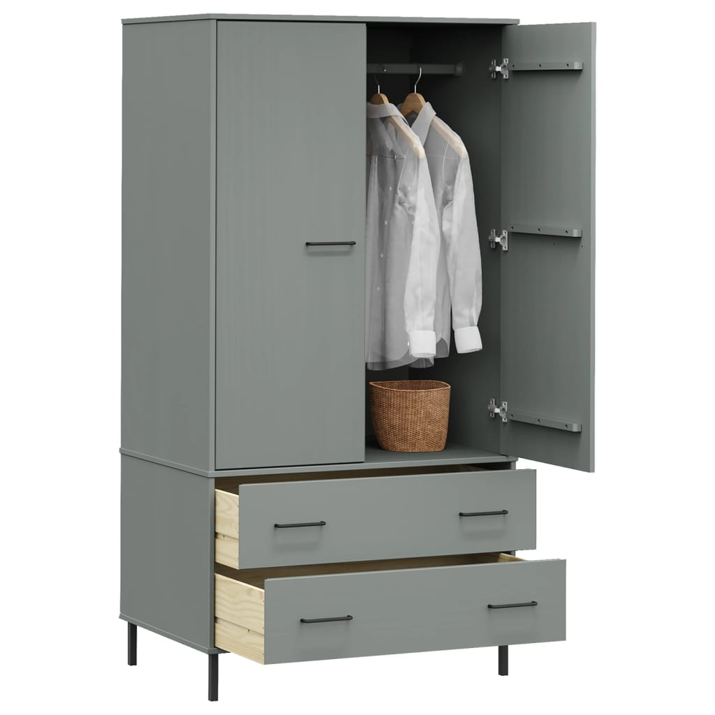 vidaXL Wardrobe with Metal Legs Grey 90x55x172.5 cm Solid Wood OSLO - Sudd