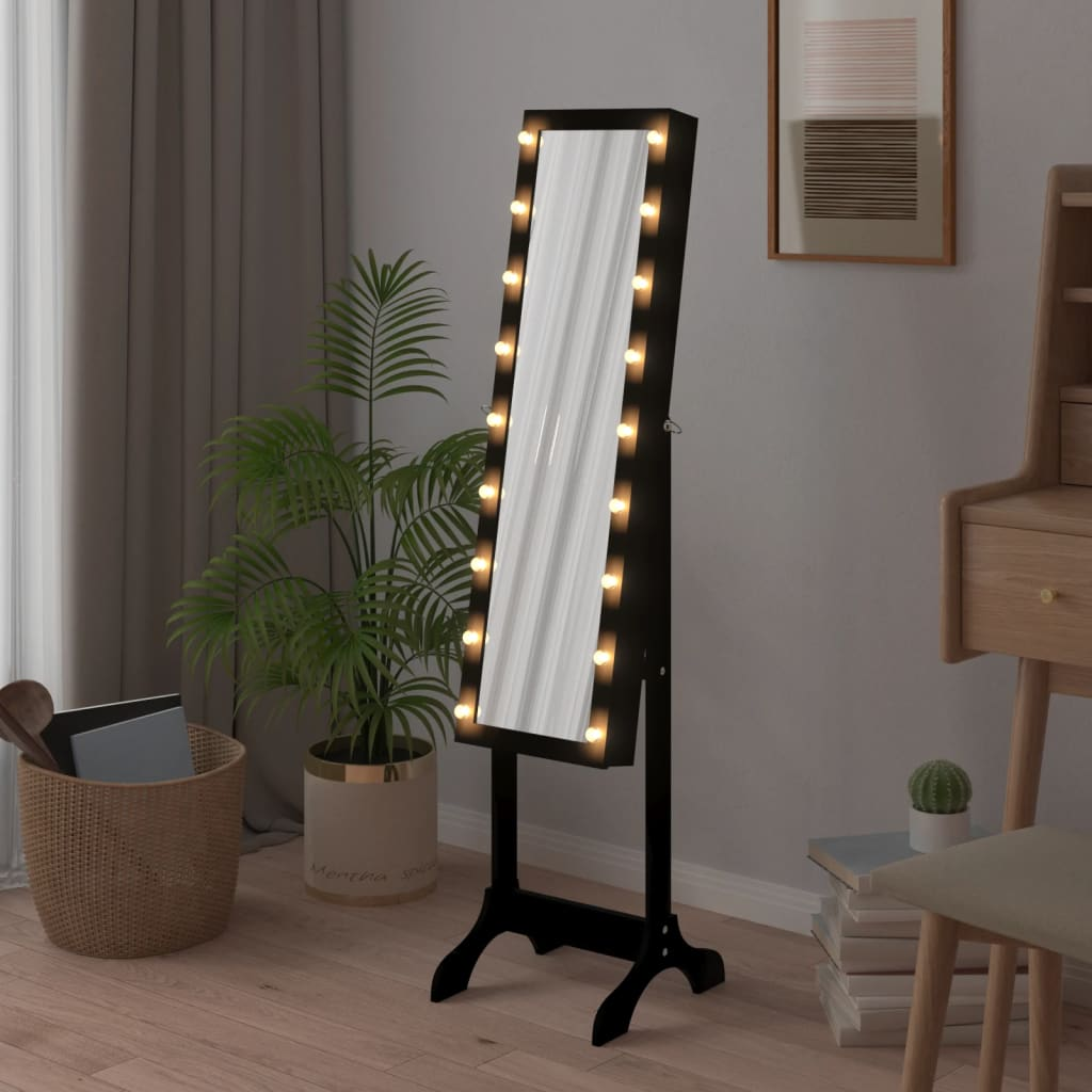 Black Free-Standing Mirror with LED & Jewellery Storage 34x37x146 cm - Sudd