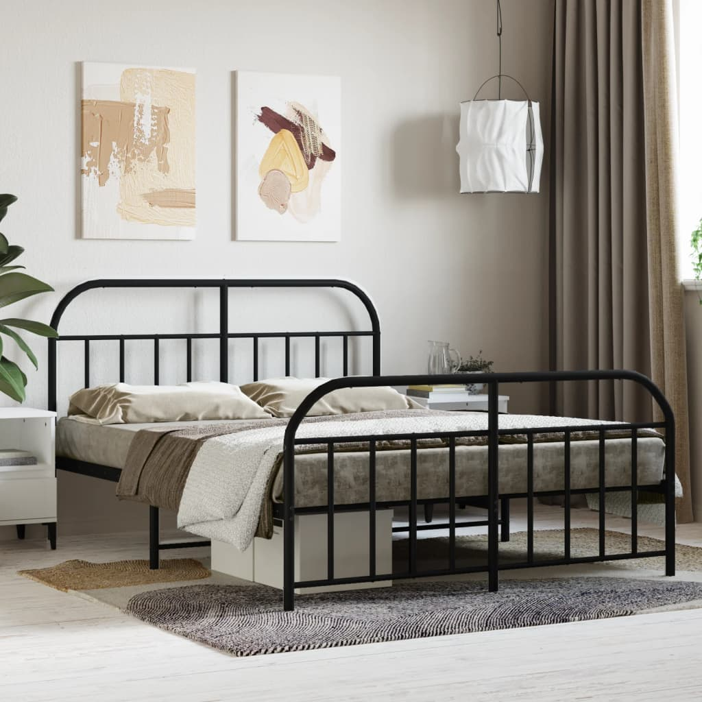 vidaXL Metal Bed Frame with Headboard and Footboard Black 150x200 cm King Size - Sudd