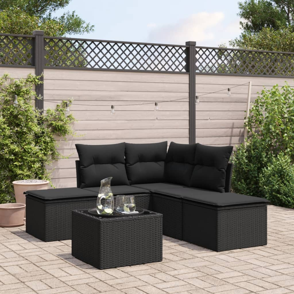 6 Piece Garden Sofa Set with Cushions Black Poly Rattan - Sudd