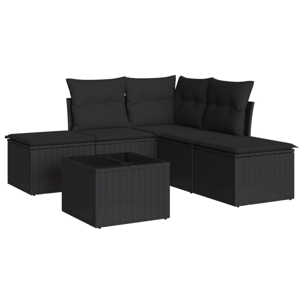 6 Piece Garden Sofa Set with Cushions Black Poly Rattan - Sudd