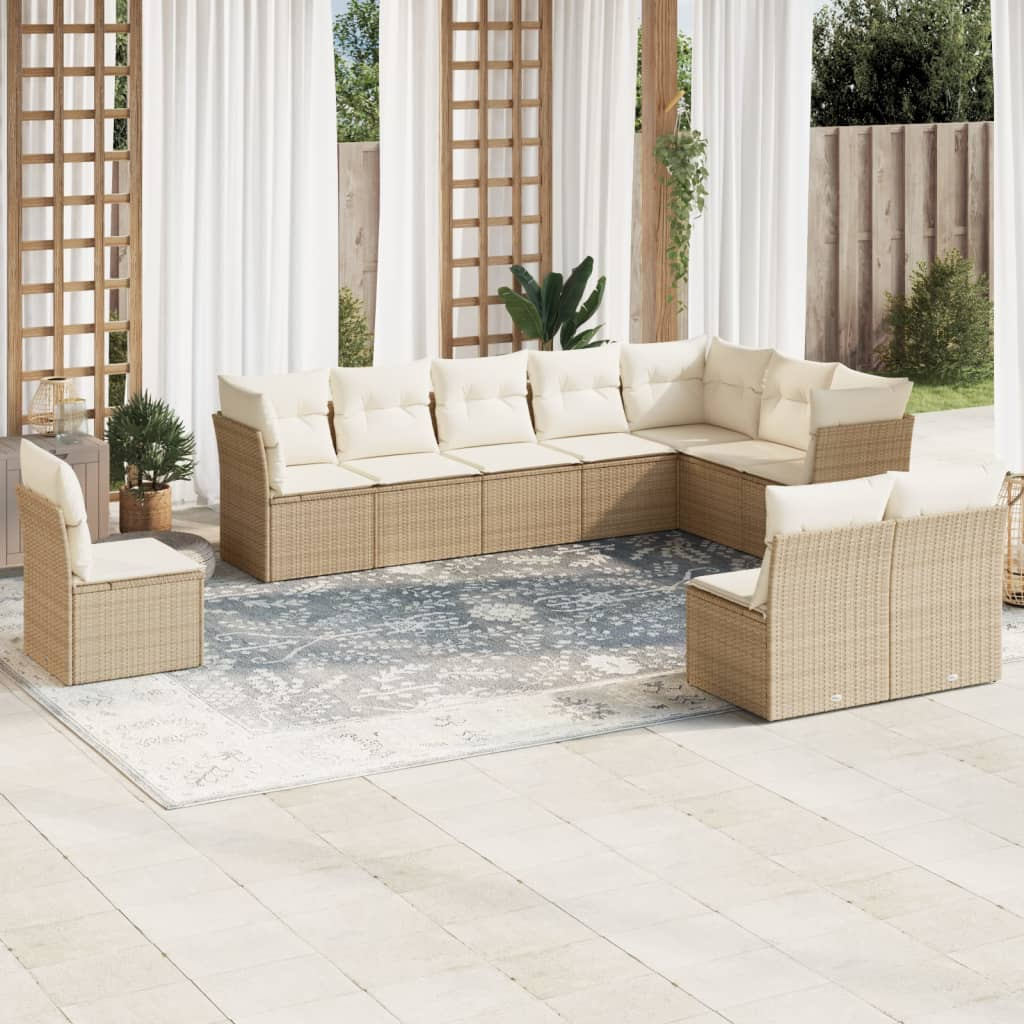 10 Piece Garden Sofa Set with Cushions Beige Poly Rattan - Sudd